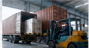 Forklift loading packaged products for global delivery