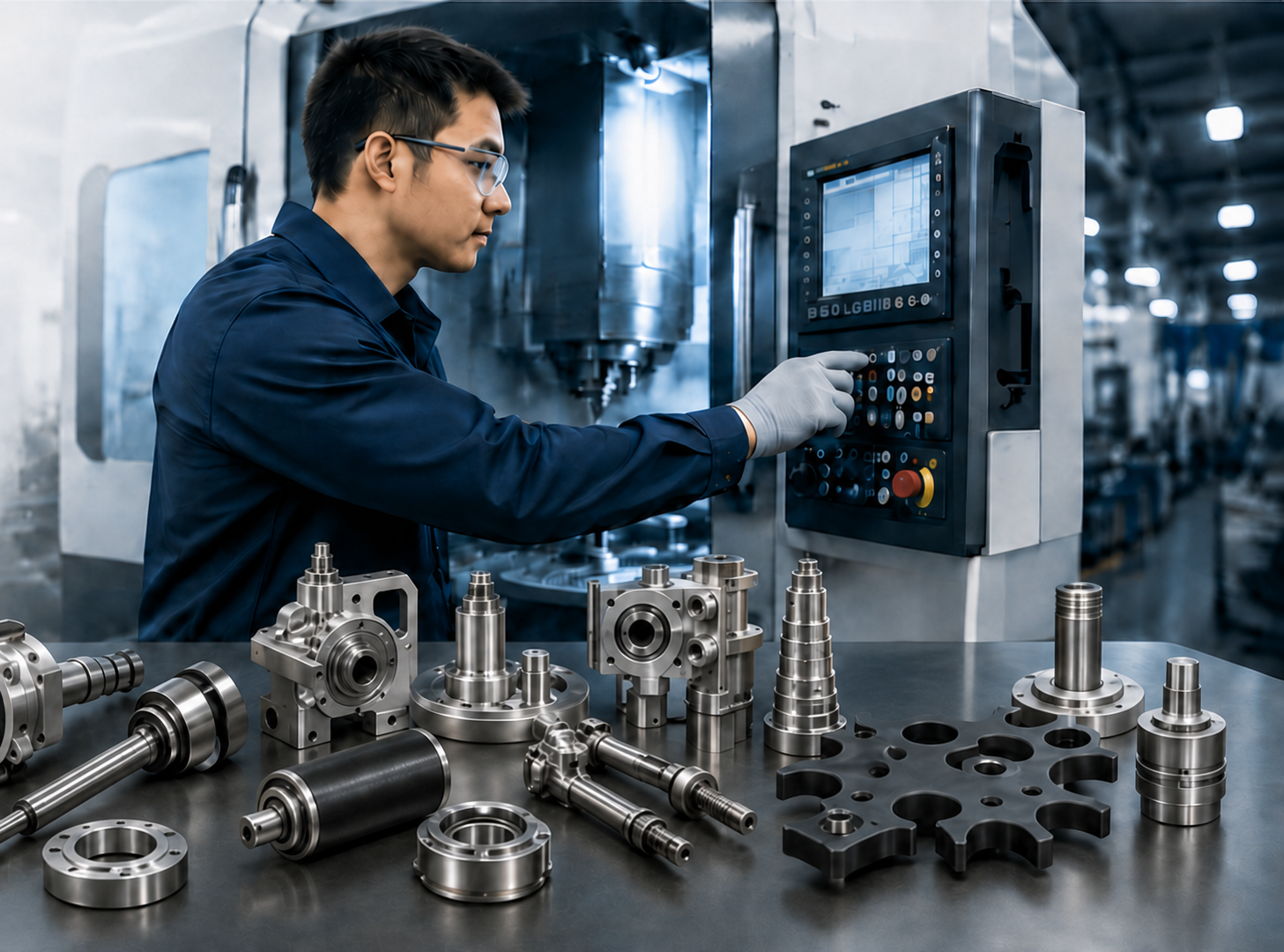 Chinese engineer operating a CNC machine with precision PET packaging spare parts on a workbench