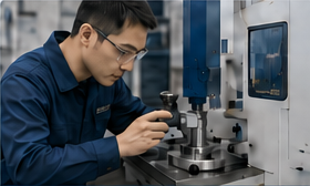 Engineer performing quality inspection on a precision part